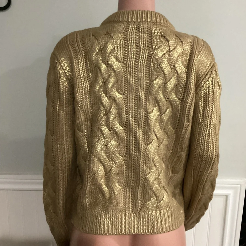 Zara NWOT Foil Cable Knit Sweater Cardigan Metallic Gold Button Up Size Large - Picture 5 of 10